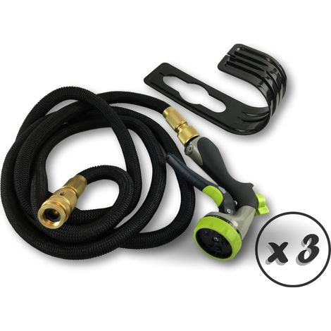 Tuyau d'arrosage extensible rétractable PRO Pistolet 8 positions - Lot de 3 - 3 à 7 mètres