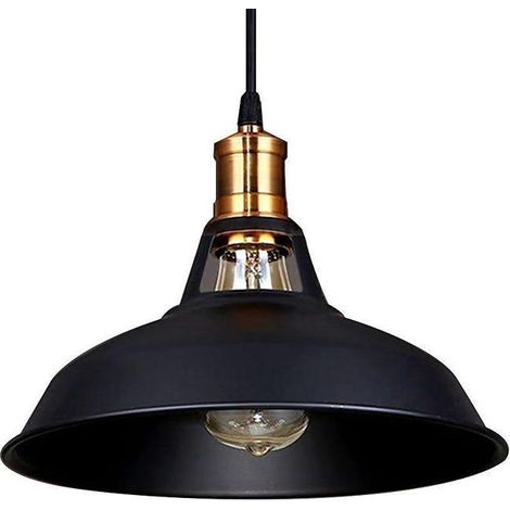Lustre rétro en métal,lustre de style industriel,lustre vintage, douille E27 avec abat-jour en métal brillant,cordon réglable,diamètre 27 cm,noir (1/4)
