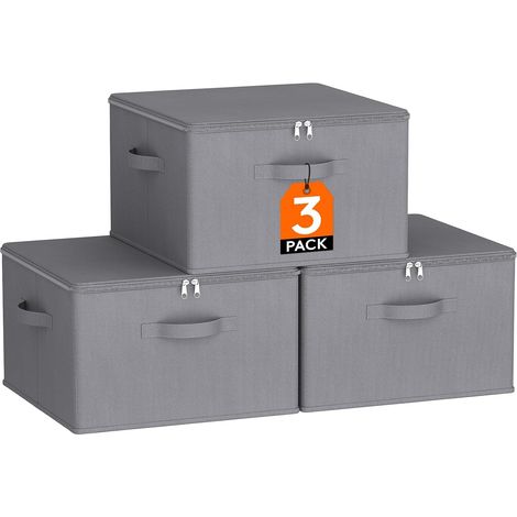 Boite Rangement Vetement Tissu, Caisse avec Couvercle, Sac Rangement Dressing Armoire avec Fermeture éclair, Organisateur Placard pour Couverture, Jouet, Gris, 40 x 40 x 25 cm, 40L, Lot de 3 (1/5)