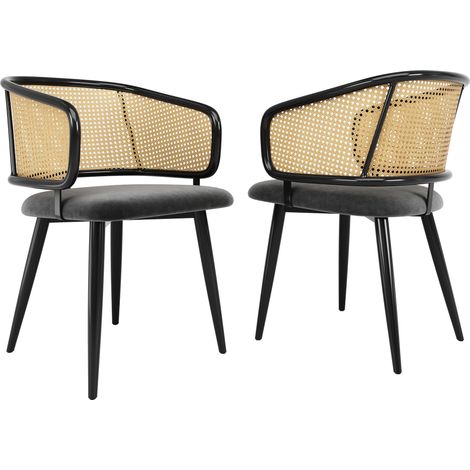 Deux chaises de salle à manger avec dossiers en rotin et coussins en velours, confortables et respirantes, dans un style minimaliste moderne. (1/5)