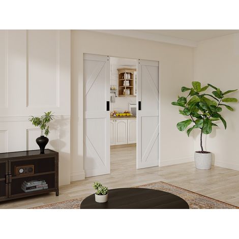 Porte coulissante double avec système à galandage en bois et MDF - blanc - 2 x H205 x 83 cm - NEFARA (1/4)