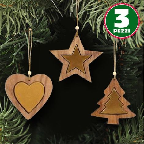 TrAdE Shop Traesio - 3 Appendini Natale In Legno Stella Albero Cuore Oro Decorazioni Natalizie - (1/3)
