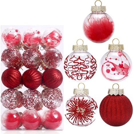 30pcs rouge Boule de Noel Or pour Decoration Noel Sapin 6cm, Boules de Noel Transparente Étincelants Deco Sapin Noel avec Fil de Suspension, Kit Decoration Sapin Noel pour Noël Mariage Anniversaire Fê (1/5)