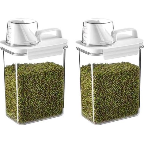 2 contenitori ermetici da 1800 ml ciascuno, con misurino e coperchio apribile con una sola mano, per cucina e dispensa, colore bianco. (1/5)