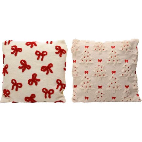 Cuscino Natalizio Assortito 45x45cm Rosso e Bianco con Fiocchi