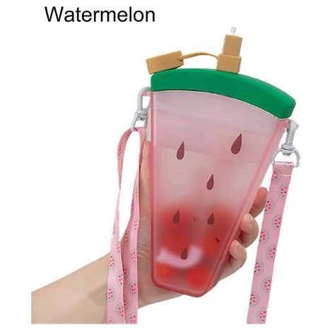Große, orangefarbene 320-ml-Wasserflasche mit Trageschlaufe, Wassermelonen-Design und integriertem Strohhalm – ideal für den Sommer (1/5)