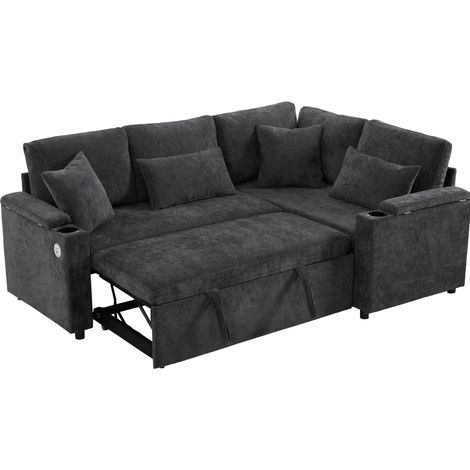 Canapé d'angle convertible en L avec rangement, porte-gobelets et prise USB, tissu chenille gris, 4 places (1/5)