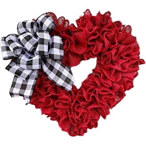 Herzförmiger Kranz aus rotem Leinen mit Schleife im Büffelkaromuster, Deko-Accessoires zum Valentinstag (1/3)