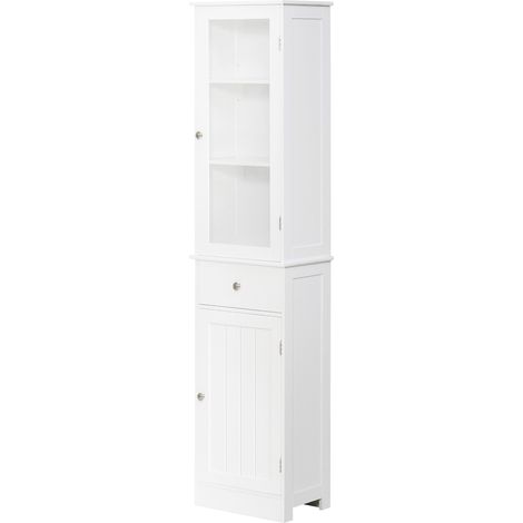 Armoire de salle de bain haute et étroite, avec étagères réglables et tiroir, idéale pour les petits espaces. Style moderne, 40 x 27 x 171,5 cm, blanche. (1/5)