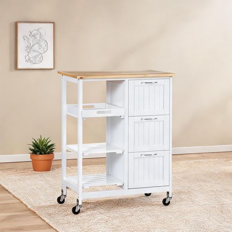 Chariot de cuisine blanc à 3 tiroirs plan de travail et rangement (1/5)