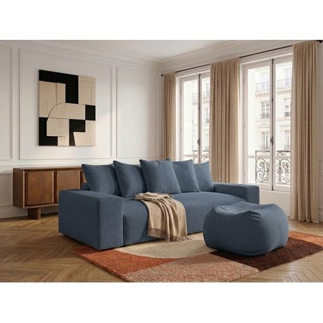 BOBOCHIC - Canapé droit convertible coffre VOLTAIRE tissu chiné avec pouf   Bleu foncé (1/5)
