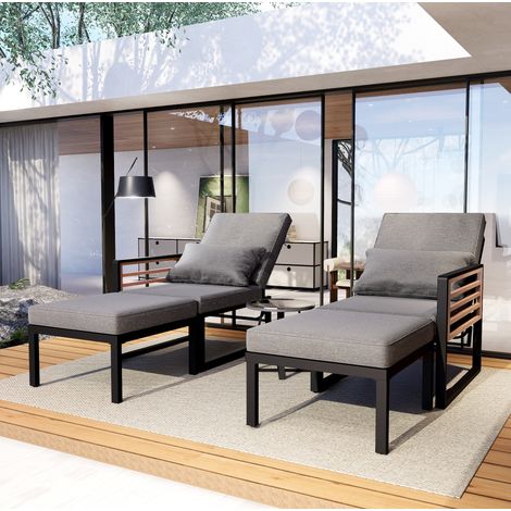 Modulares 5-teiliges Outdoor-Lounge-Set aus Metall in Grau mit Olifen-Bezug, Akazienholz und Glastisch, 2-in-1 mit Liegefunktion (1/5)