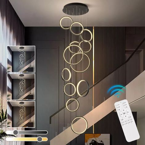 Lustre Moderne 126W avec Télécommande, Luminaire Suspendu LED à Gradation Continue, 12 Anneaux - Plafonnier, 3 Températures de Couleur, H. 300 cm (1/5)