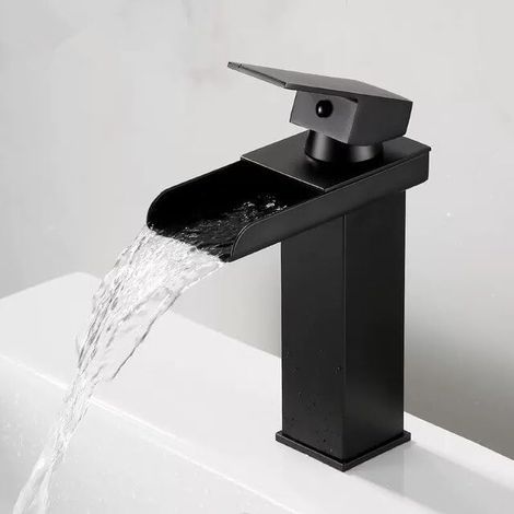 Robinet de lavabo noir et or, robinet de salle de bain, eau chaude et froide, poignée unique, montage sur pont, robinet de lavabo, noir/chrome (modèle court noir 1) (1/3)