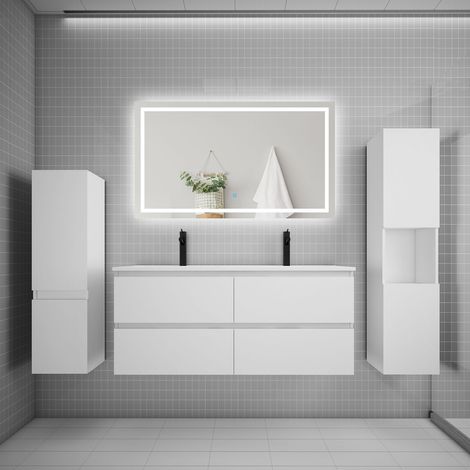 Ensemble meuble de salle de bains 120cm, vasque et colonne et LED miroir,blanc (1/5)