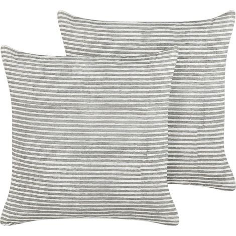 Dekokissen 2er Set KANPAS Leinen 50 x 50 cm Grau Streifenmuster