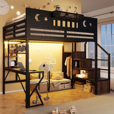 Lit mezzanine enfant 140x200cm avec lumineuse LED et bureau,port USB,panneau perforé,métal lit superposé avec étagères,lit double,sans matelas,Noir (1/4)