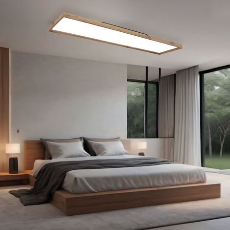 Lampada da soffitto CCT lampada da soffitto camera da letto lampada in legno stile country, marrone opalino, LED 36W 2400lm 2700-6500K, LxPxH 120x30x8.5 cm (1/5)