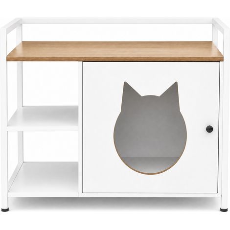 Meuble multifonction pour chat avec niche et étagères, armoire toilette pour chat blanc et bois (1/5)