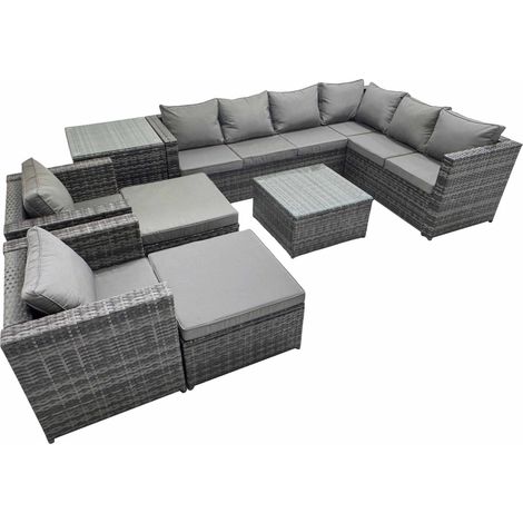 Fimous Outdoor PE Rattan Garden Furniture Sofa Set with Square Coffee Table 2 Big Stools Side Table Dark Grey (1/5)