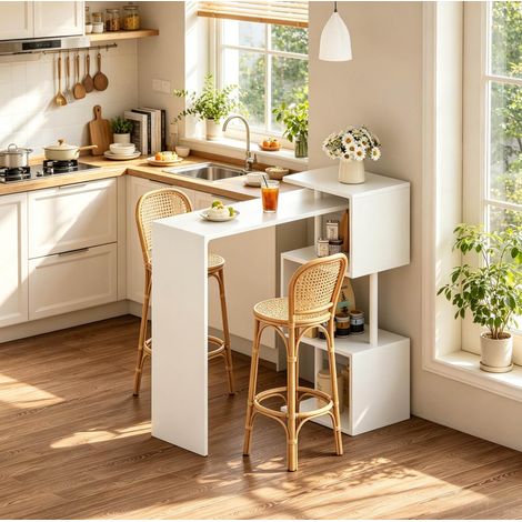 Table bar avec 3 étagères réversibles, plateau MDF et pieds métal, blanche, 134 x 50 x 112 cm (1/5)