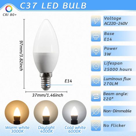 (C37 3W, Blanc froid 6000K) 10 ampoules LED E14, AC220V, adaptées aux suspensions, économes en énergie et respectueuses de l'environnement.