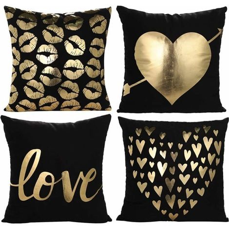 Taie d'oreiller doré doux estampage à chaud coeur amour baiser housse de coussin pour lit canapé salon chambre 45 x 45 cm lot de 4 (amour en noir) (1/4)