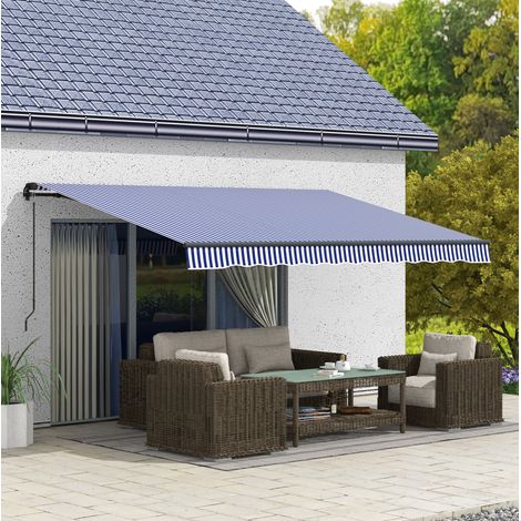 Store banne 4 x 3 m mural avec manivelle, protection solaire UV30+, bleu et blanc OKMYHOME (1/5)