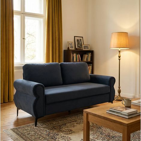Divano in tessuto grigio scuro con struttura in metallo e legno, 173,5 cm, molle insacchettate e piedi alti 15 cm (1/5)