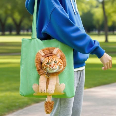 Borsa a tracolla in tela per animali domestici, graziosa borsetta con retro a forma di gatto e leone, borsa per cani, accessori per animali e viaggi all'aperto - L (1/5)