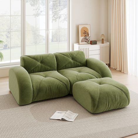 Canapé 2 plazas modular de chenilla verde con puff, diseño sin estructura, asiento de espuma 32D (1/5)