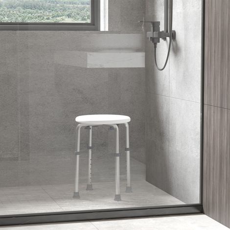 Tabouret de douche pivotant à 360° avec pieds antidérapants et réglable en hauteur sur 8 niveaux, tabouret de douche en aluminium et PE, 32.5x41x35.5-54 cm, blanc