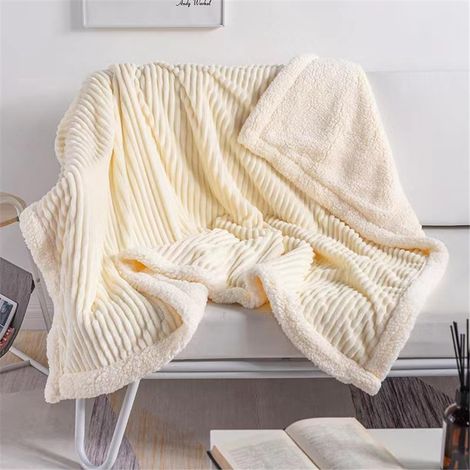Gestreifte Sherpa-Decke für Kinder und Erwachsene, weiches und flauschiges Fleece, Winterbettwäsche für Wohnzimmer, Camping und Reisen, Maße 70 x 100 cm, beige