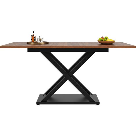 Mesa de comedor extensible 120-160x80 cm, MDF y metal, color nogal y negro (1/5)