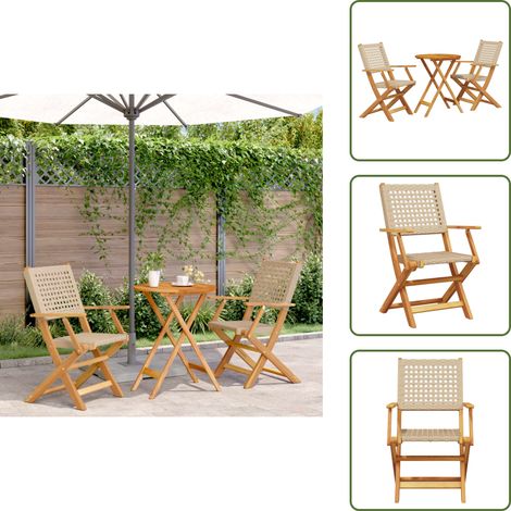 The Living Store Ensemble de bistro 3 pcs beige résine tressée et bois massif - Ensemble De Bistro - Salon De Jardin - Mobilier De Jardin - Table Pliante - Chaise Pliante