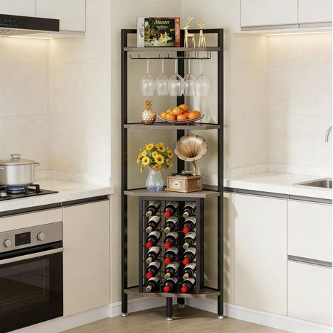 Portabottiglie angolare 4 ripiani con 6 porta-bicchieri, fino a 18 bottiglie, grigio OKMYHOME (1/5)