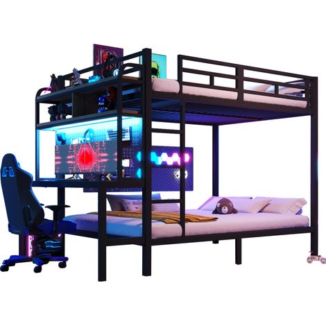 Lit mezzanine 140x200 cm avec bureau, étagères, LED et port USB, structure en métal et MDF, garde-corps, échelle, noir, pour chambre enfant CHICFURN (1/5)