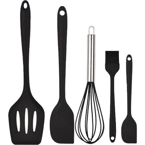 5-teiliges Silikonspatel-Set Küchenhelfer-Set Hitzebeständig Spülmaschinenfest Teigspatel Backpinsel Schneebesen Schaber Antihaft-Spatel-Set Schwarz (1/5)