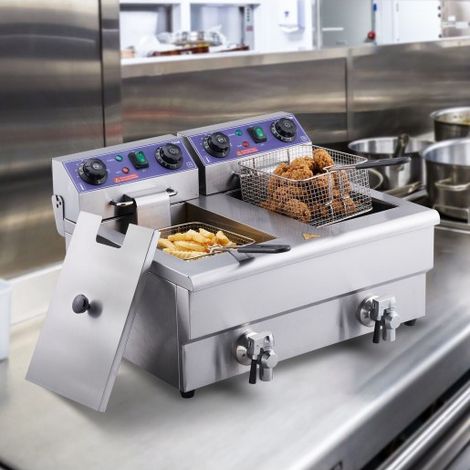 Friteuse Électrique Commerciale Friteuse à Huile 2 Cuves Acier Inox 12L 6000 W - Pour Restaurants Supermarchés Fast-foods Snack-bars (1/5)