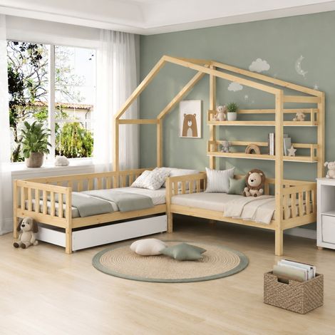 Kinderbett in Hausform 243x208x183 cm Natur aus Massivholz mit Schublade und Regalen (1/5)