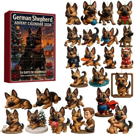 Adventskalender 2026 mit Deutschen Schäferhunden – 24 flache 2D-Acryl-Dekorationsfiguren mit Deutschen Schäferhundmotiven – Weihnachtskalender – originelles Weihnachtsgeschenk für Hundeliebhaber (1/5)