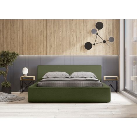 Lit coffre VELORA – Olive bouclé – 140x200 cm – Weicher Samtstoff – Aufklappbarer Lattenrost – Integrierter Stauraum