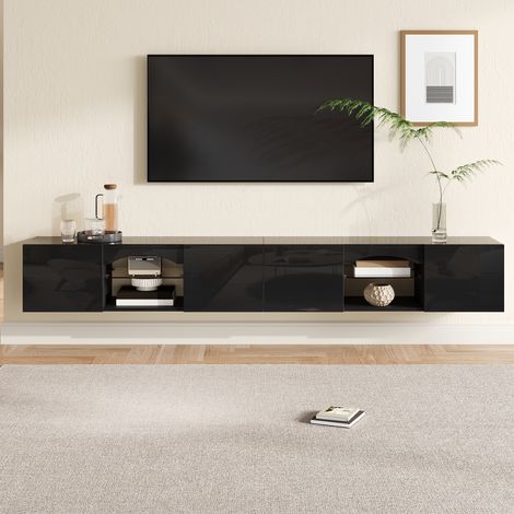 Mueble TV salón 200 cm con luces LED control por app - Mesa televisión moderna de 4 puertas y 2 huecos con estantes de vidrio - Frente brillo de tablero partículas Negro (1/5)