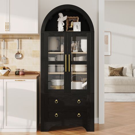Aparador alto 76,2x40,1x180 cm con 2 cajones, puertas de cristal, estantes regulables, almacenamiento comedor - negro (1/5)