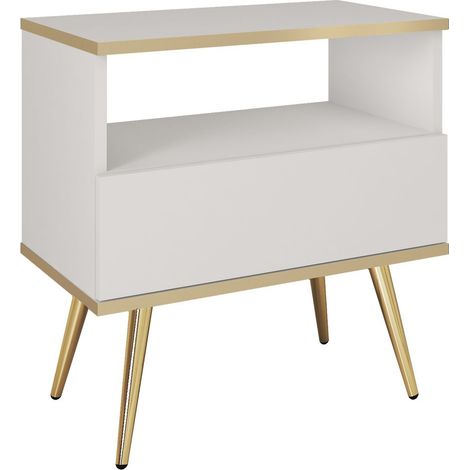 Comodino: bianco, gambe dorate, 54 x 59 x 39 cm, frontali lisci (1/4)