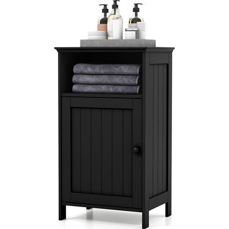 GOPLUS Meuble de Rangement pour Salle de Bains, Armoire de Salle de Bain en MDF avec 1 Porte,Armoireavec Étagère Réglable,Colonne de Salle de Bain,Armoire de Salle de Bain (Noir) (1/5)