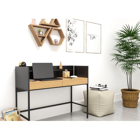 Bureau 2 tiroirs 1 étagère design industriel en bois et métal (1/5)