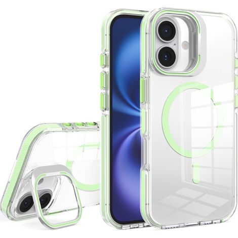 Funda para iPhone 17, compatible con MagSafe, con soporte, transparente con detalles verdes. (1/5)