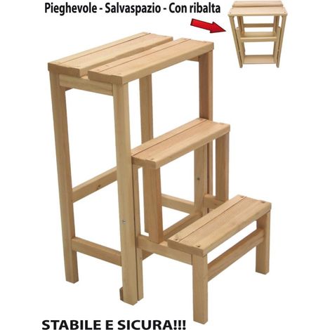 Scaletta ribalta 3 gradini altezza 60 cm in legno faggio NATURALE (1/3)