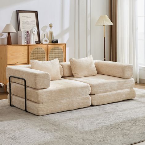 Sofá cama plegable de chenilla beige, modular, 2 plazas, sin montaje, MODENUIT (1/5)